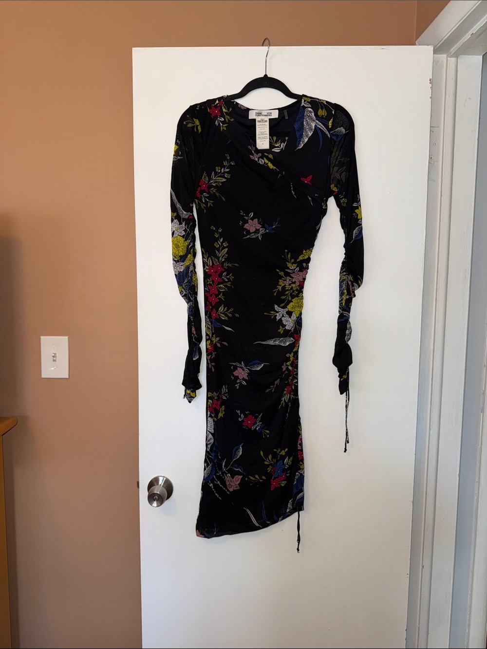Diane Von Furstenberg Black Floral Long-Sleeve Wrap style Dress